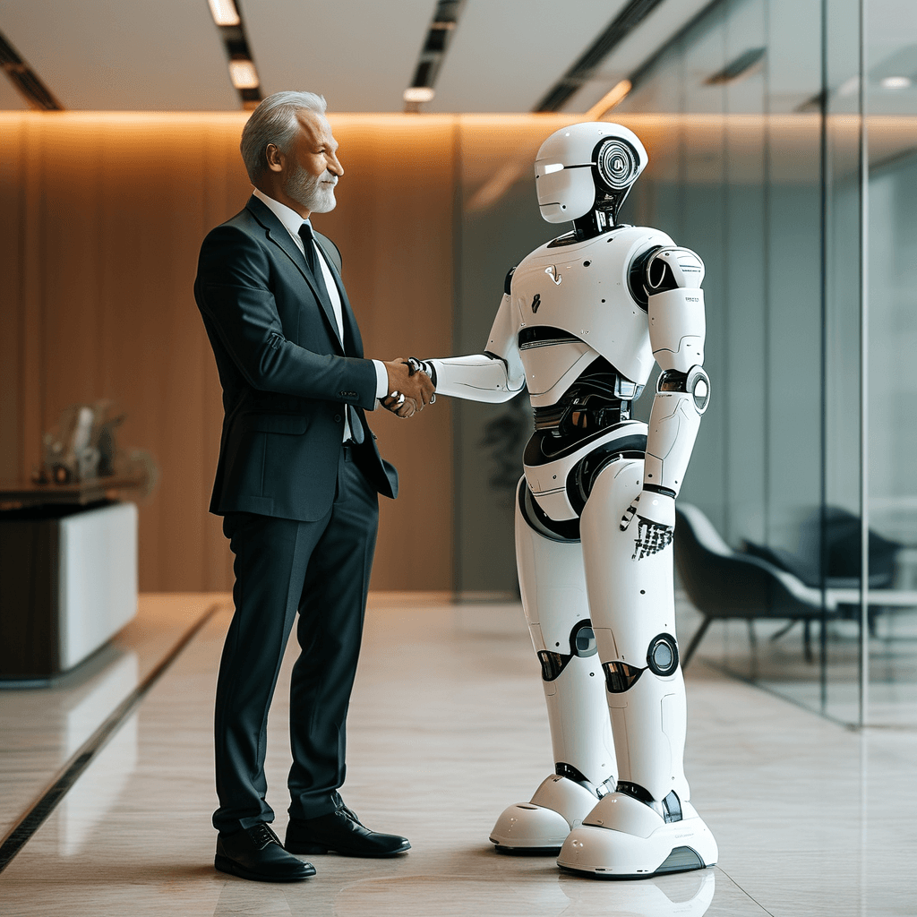 Business consultant interacting with an AI-powered robot, representing the knowledge-driven approach at NextEdge AI Consulting.