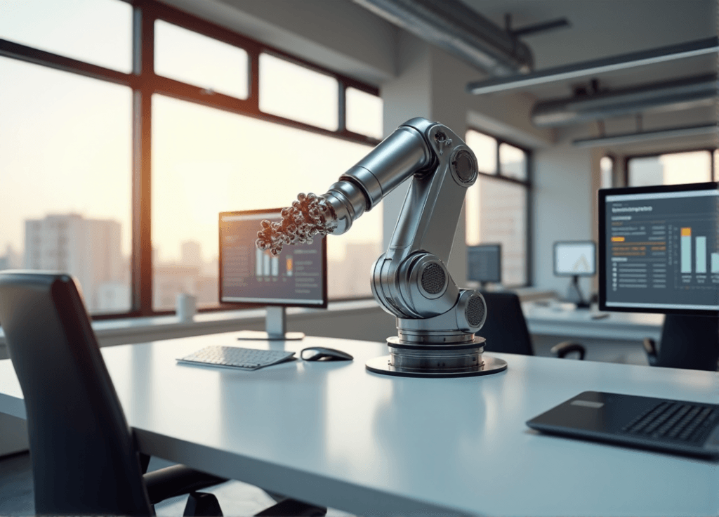"A sleek silver robotic arm on a minimalist desk amidst a futuristic office environment with high-tech gadgets and AI-powered process automation dashboards."