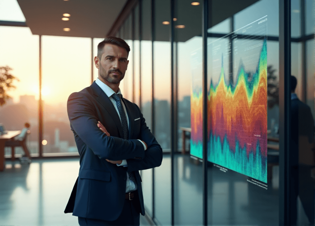 "A business executive stands confidently in front of a data visualization display, exuding authority and determination amidst AI automation skills-driven insights."