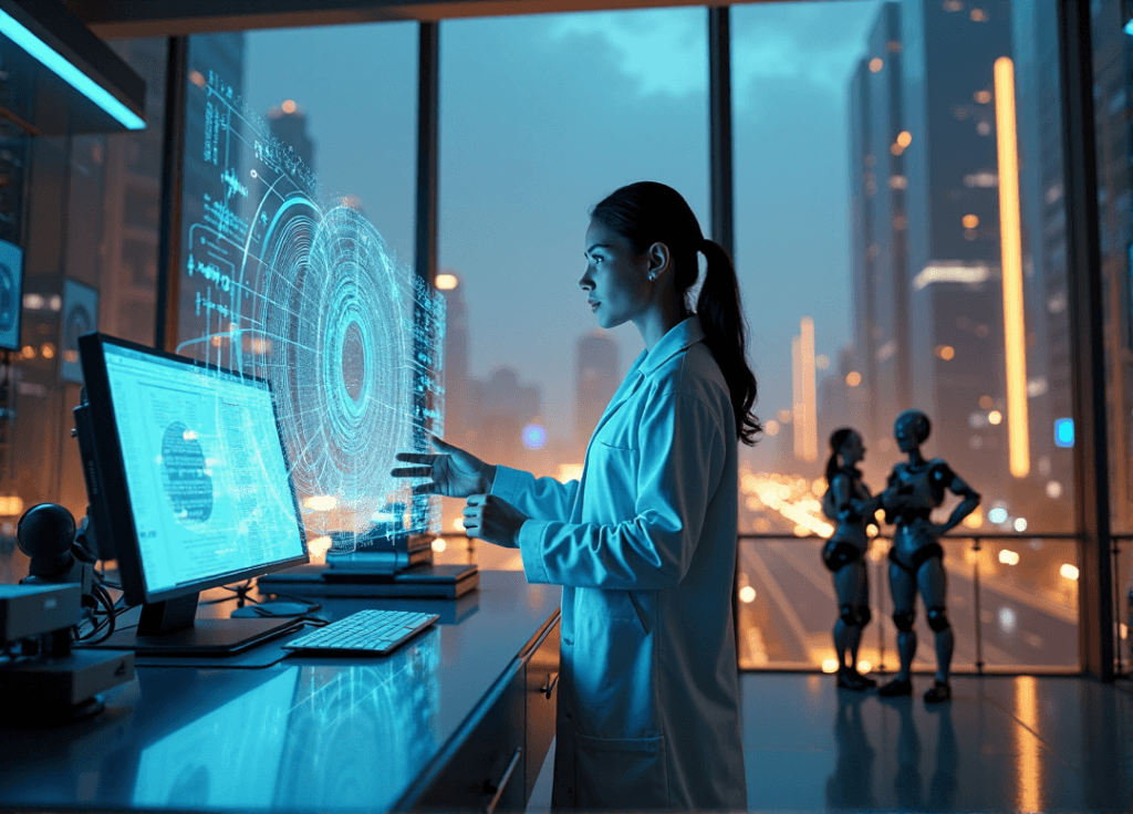 "A young woman in a lab coat stands confidently near a glass window overlooking a cityscape at dusk, intensely studying AI-powered data visualizations on a holographic display."
