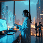 "A young woman in a lab coat stands confidently near a glass window overlooking a cityscape at dusk, intensely studying AI-powered data visualizations on a holographic display."