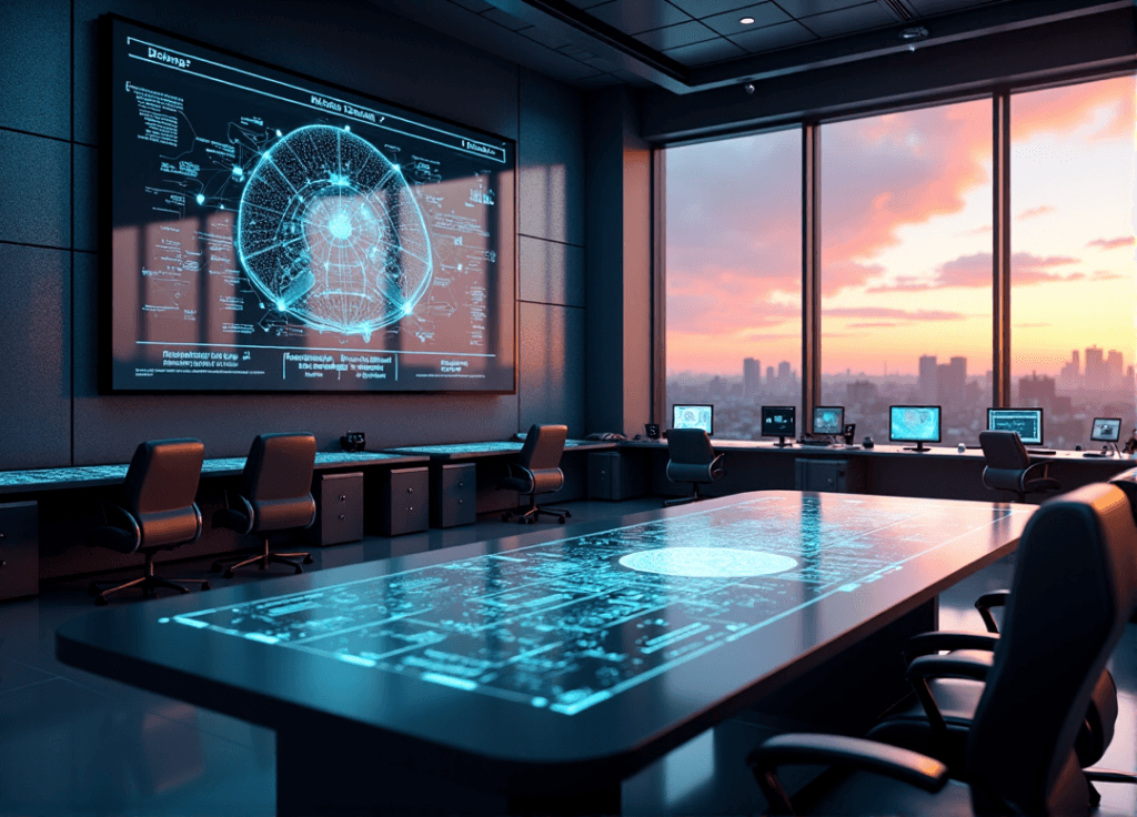 "A futuristic control room with a large touchscreen interface displaying network diagrams, surrounded by servers, workstations, and office chairs in an industrial setting, showcasing AI automation skills in action."