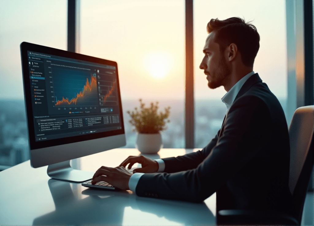 "A business executive sits at a modern desk, hands poised on a keyboard, with a large computer screen displaying predictive analytics insights and data visualization graphs."