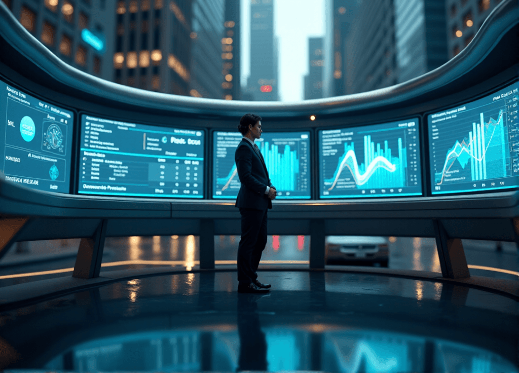 "A futuristic control room with a central figure standing confidently at a sleek console, surrounded by data visualizations and real-time analytics, showcasing AI automation skills in action."