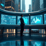 "A futuristic control room with a central figure standing confidently at a sleek console, surrounded by data visualizations and real-time analytics, showcasing AI automation skills in action."