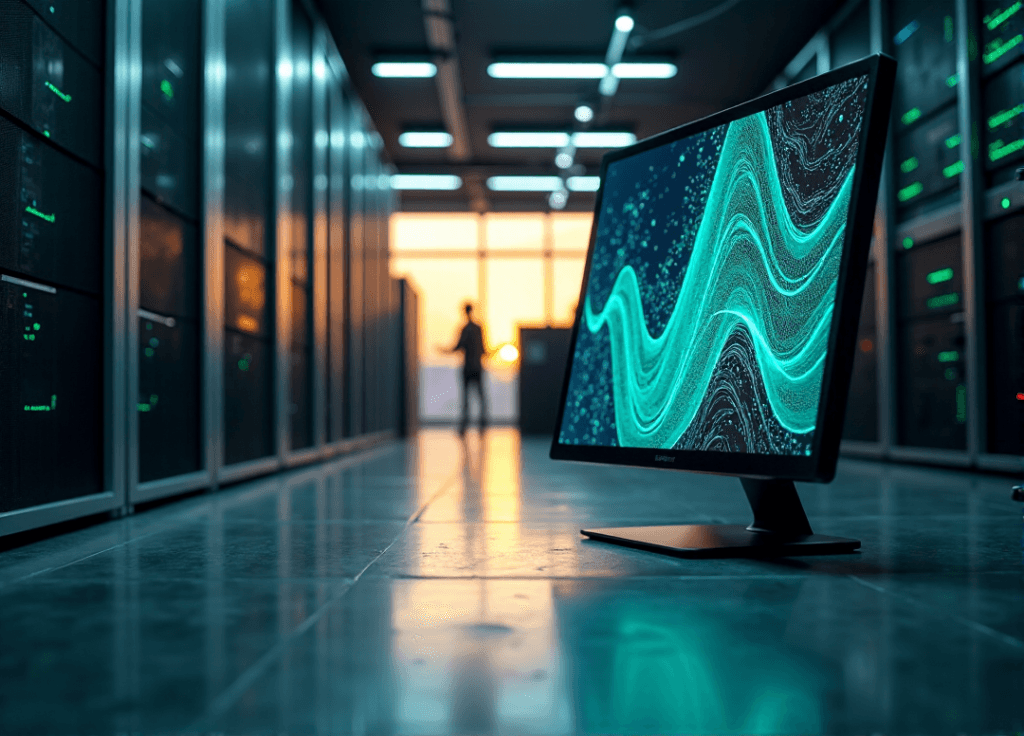"A futuristic data center scene featuring a high-resolution touchscreen monitor displaying an AI-powered predictive model with intricate patterns, surrounded by humming servers and computer equipment."