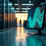 "A futuristic data center scene featuring a high-resolution touchscreen monitor displaying an AI-powered predictive model with intricate patterns, surrounded by humming servers and computer equipment."