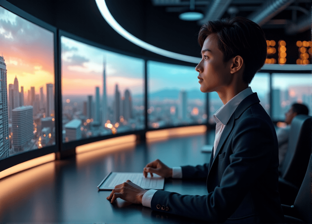 "A high-tech control room with a young professional studying AI-powered predictive analytics on a large curved screen, surrounded by humming servers and metallic consoles."
