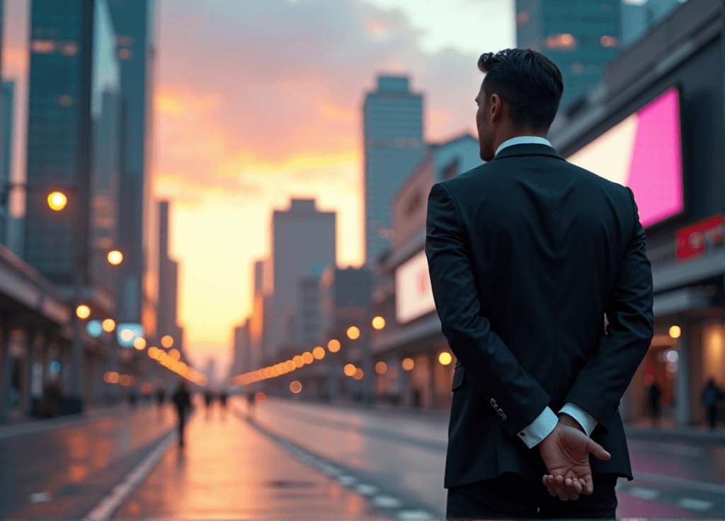 "A confident business executive stands in front of a sleek corporate building at dusk, exuding authority with AI automation skills guiding their vision."