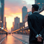 "A confident business executive stands in front of a sleek corporate building at dusk, exuding authority with AI automation skills guiding their vision."