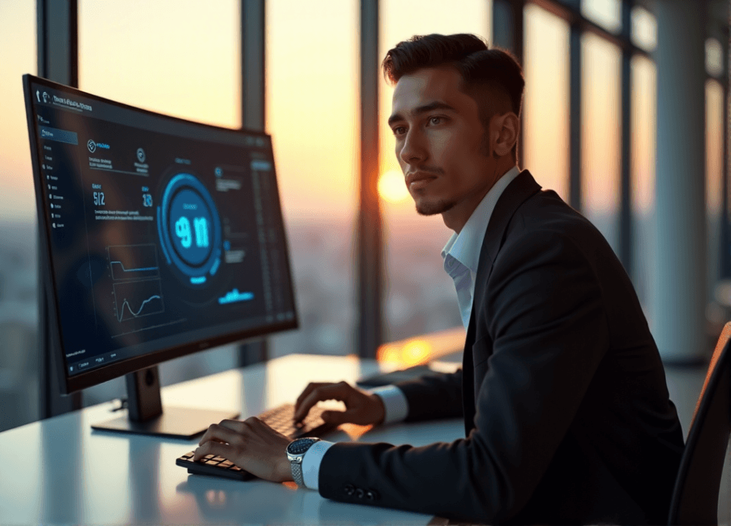 "A young professional sits confidently at a modern desk, navigating an AI automation dashboard on a large monitor amidst a cityscape view at sunset."