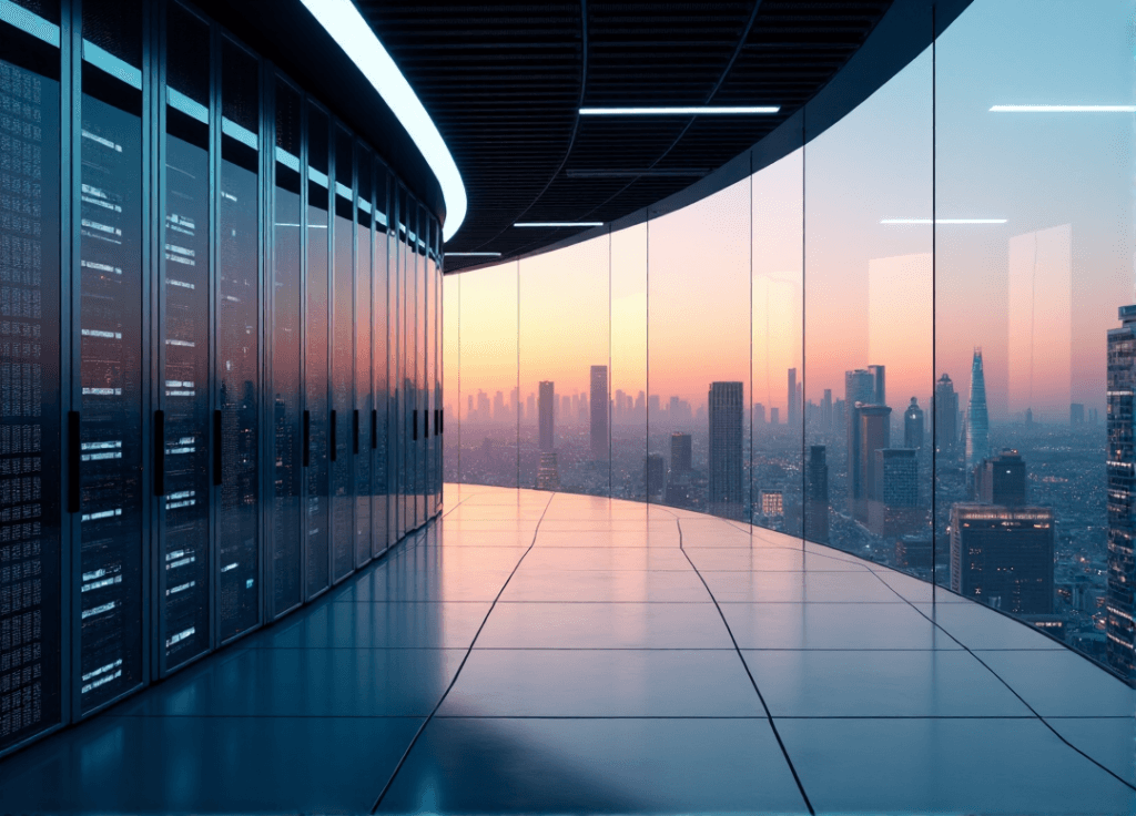 "A futuristic data center with rows of humming servers, illuminated by soft LED light, reflecting off polished concrete floor amidst a cityscape at dusk."
