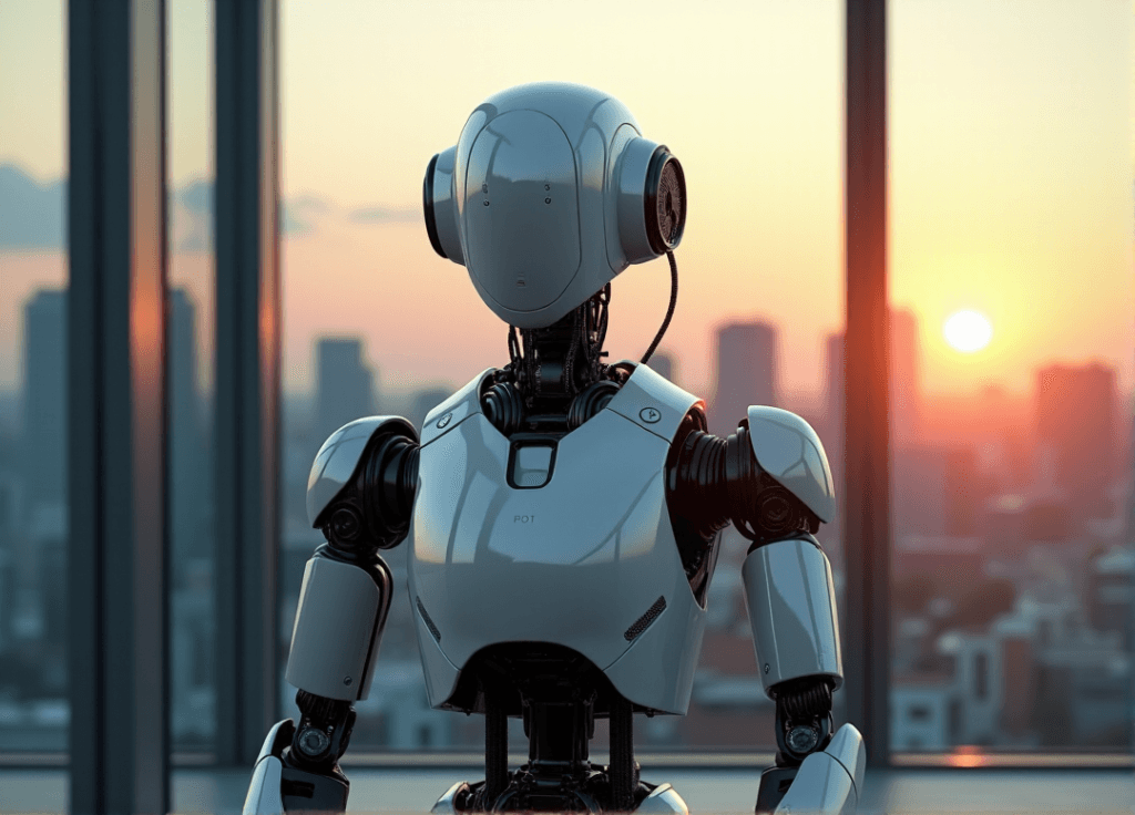 "A sleek silver industrial robot stands proudly in front of a cityscape at dusk, showcasing AI automation skills through process optimization."