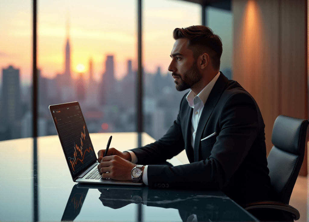 "A high-tech executive sits confidently behind a glass desk, holding an AI-powered tablet displaying rising stock prices, exuding authority with AI automation skills."