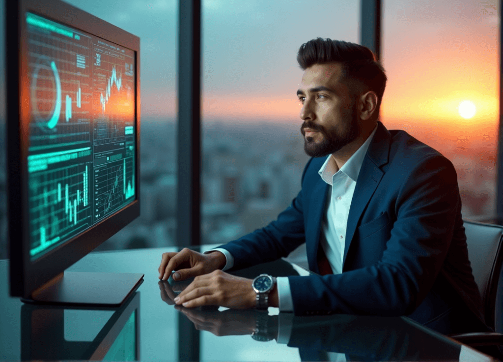 "A business executive sits confidently at a glass desk in a high-ceilinged office with floor-to-ceiling windows overlooking a cityscape at sunset, intensely studying AI-driven predictive analytics on a large touchscreen display."