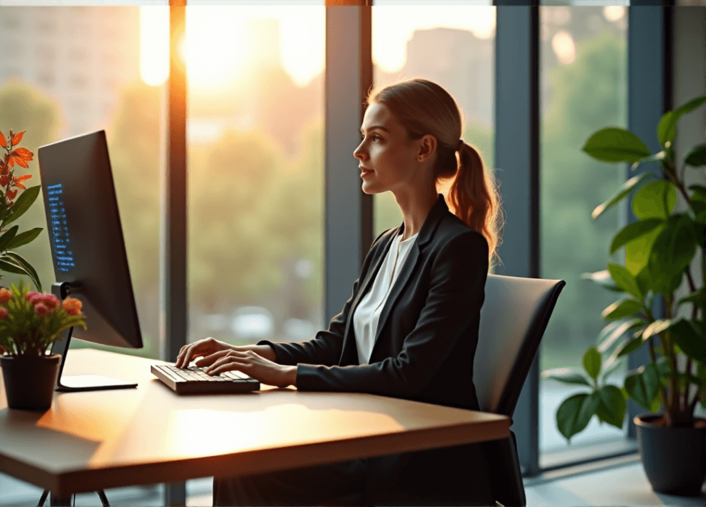 "A young professional woman confidently interacts with an AI-powered computer system in a serene corporate office setting, showcasing her AI automation skills amidst lush greenery."