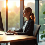 "A young professional woman confidently interacts with an AI-powered computer system in a serene corporate office setting, showcasing her AI automation skills amidst lush greenery."