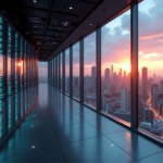 "A sleek data center server room with rows of humming servers behind a glass wall offering a cityscape view at dusk, illuminated by blue-green LED strips."