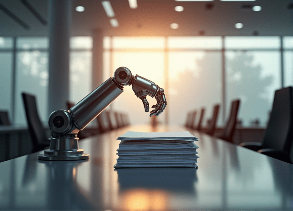 "A sleek robotic arm emerges from a futuristic compliance management system, grasping files amidst a modern office with AI-powered technology seamlessly integrated."