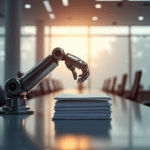 "A sleek robotic arm emerges from a futuristic compliance management system, grasping files amidst a modern office with AI-powered technology seamlessly integrated."