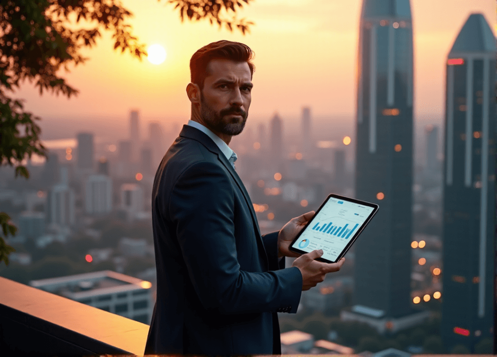"A business executive stands confidently on a rooftop overlooking a modern cityscape at sunset, analyzing data on a tablet with AI automation skills in mind."
