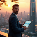 "A business executive stands confidently on a rooftop overlooking a modern cityscape at sunset, analyzing data on a tablet with AI automation skills in mind."