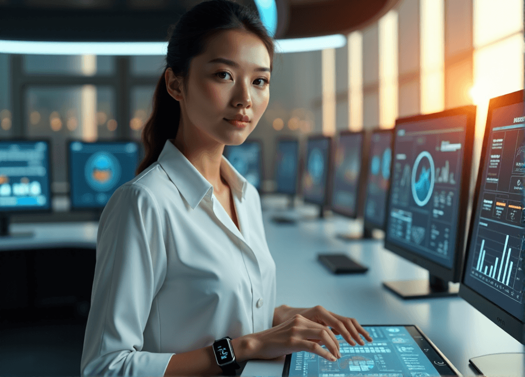 "A young professional stands confidently in a modern control room, surrounded by humming servers and high-tech screens displaying AI-driven workflows and efficiency metrics."