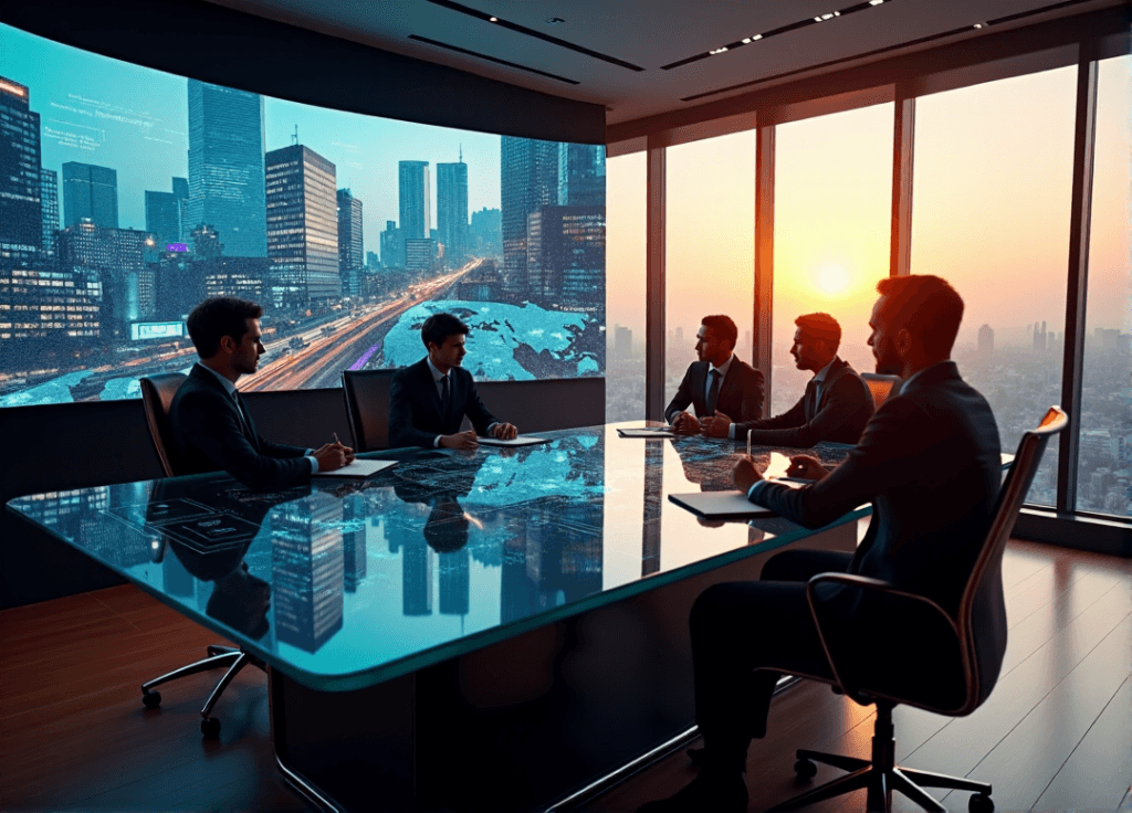 "A diverse team of professionals collaborate around a large glass conference table, surrounded by vibrant data points and analytics charts on a massive curved screen, illuminated by soft golden light in a modern office space with a stunning cityscape at sunset."