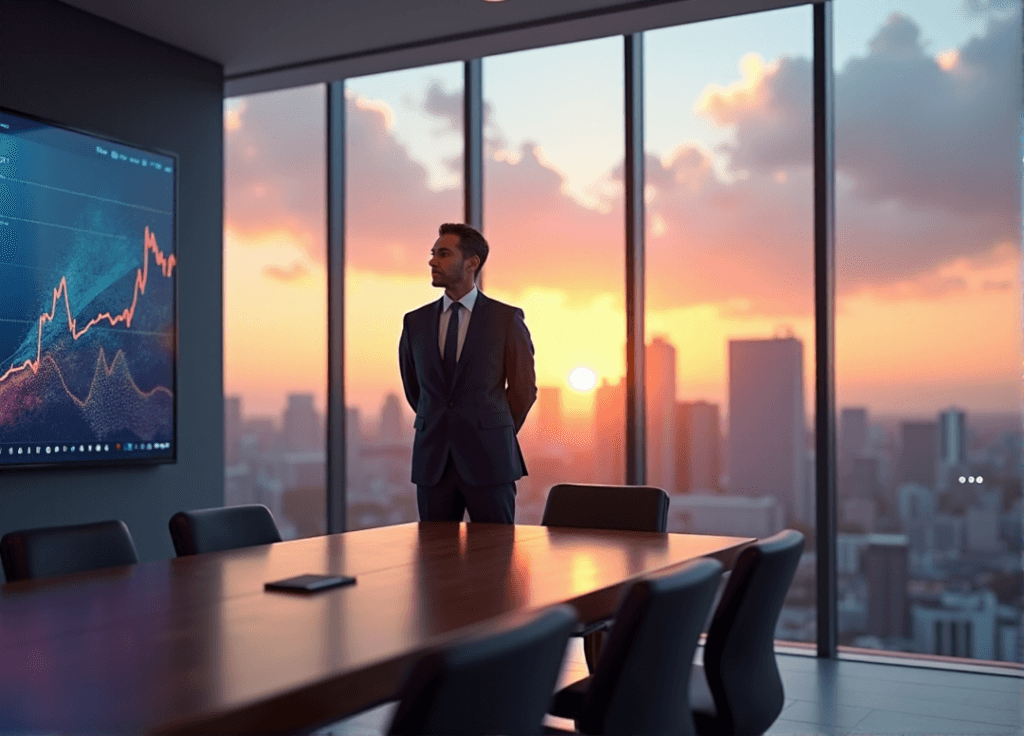 "A confident business leader stands in a modern conference room, gazing out at a cityscape as they consider data-driven insights on AI automation skills."
