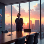 "A confident business leader stands in a modern conference room, gazing out at a cityscape as they consider data-driven insights on AI automation skills."