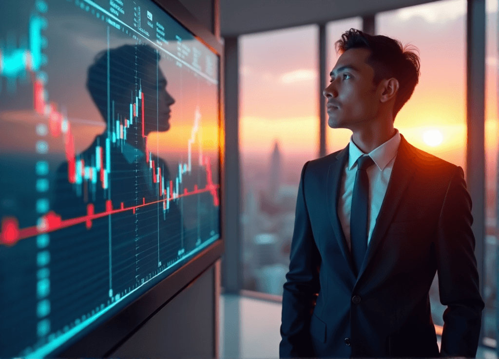 "A young professional stands confidently in front of a digital market graph, with AI automation skills evident in their determined expression."