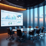 "A sleek, silver roadmapping software dashboard on a massive LED screen in a modern conference room, with AI-driven insights and data visualizations."