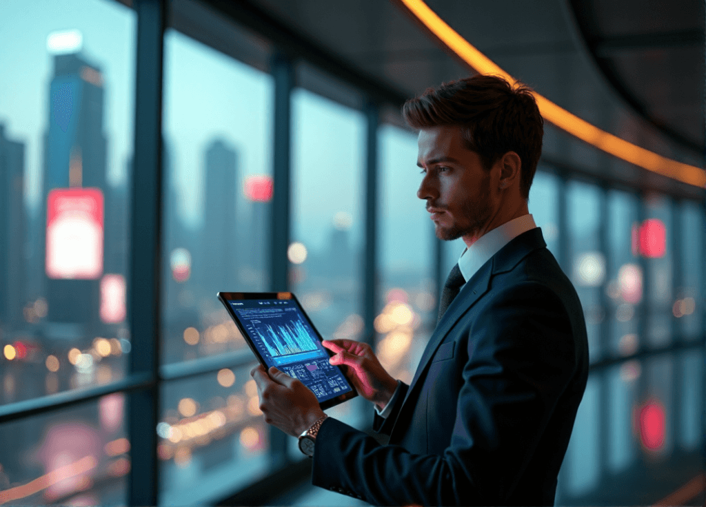 "A young professional stands confidently in front of a futuristic cityscape, intensely focused on a tablet displaying 3D holographic data analytics with AI automation skills at play."