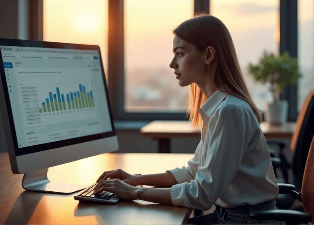 "A young woman sits at a modern desk, intensely analyzing customer sentiment data on her computer screen with AI automation skills."