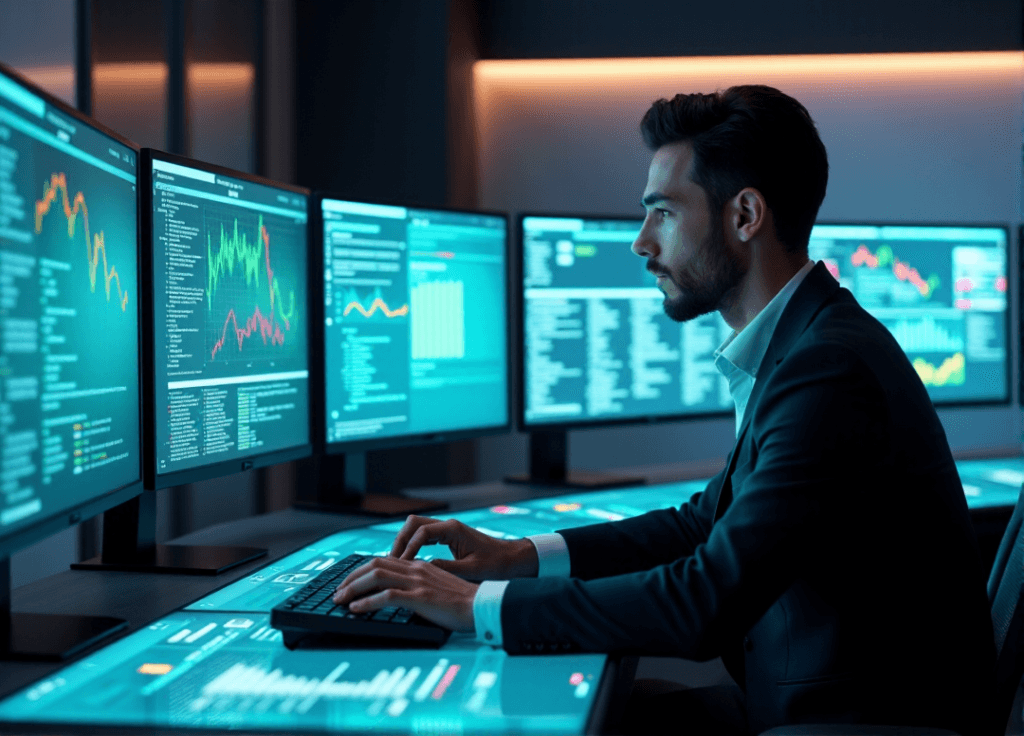 "A futuristic data analyst sits at a high-tech control panel, intensely studying real-time predictive analytics data on multiple screens with AI automation skills in action."