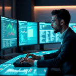 "A futuristic data analyst sits at a high-tech control panel, intensely studying real-time predictive analytics data on multiple screens with AI automation skills in action."