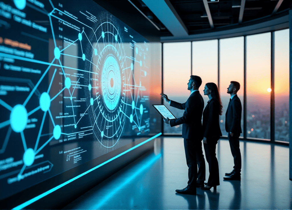 "A futuristic control room with professionals optimizing workflow efficiency using AI automation skills on a high-tech touchscreen interface amidst a cityscape at sunset."