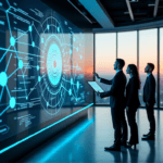 "A futuristic control room with professionals optimizing workflow efficiency using AI automation skills on a high-tech touchscreen interface amidst a cityscape at sunset."