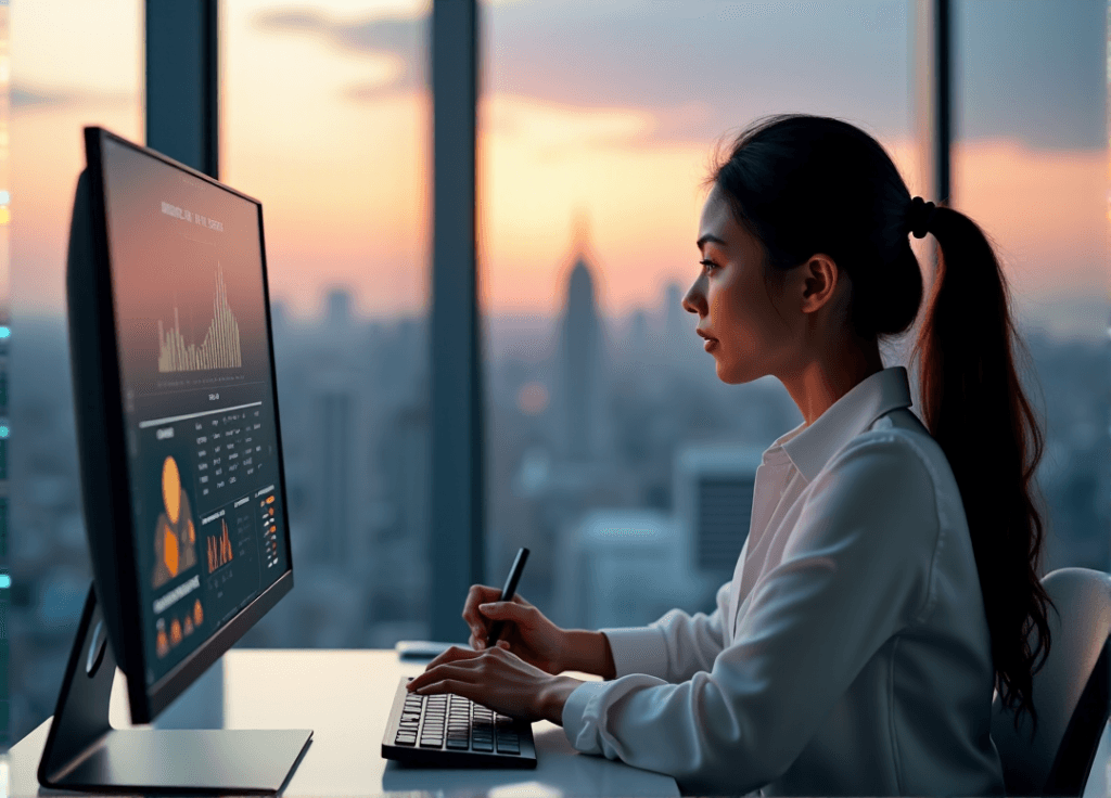 "A young woman sits in a modern customer service center, intensely focused on data analytics and customer feedback metrics on multiple screens, showcasing AI automation skills."