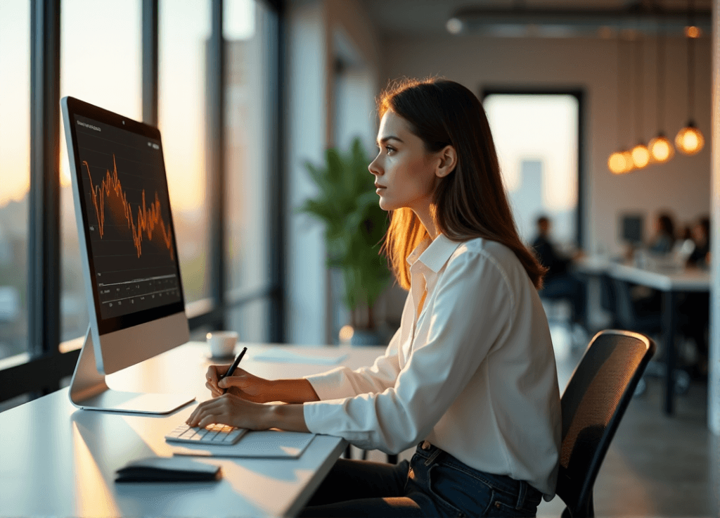"A young woman sits in a minimalist office, intensely studying sentiment analysis data on her computer screen with AI automation skills evident."