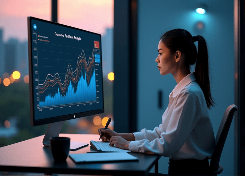"A young woman intensely focuses on a data visualization graph displaying customer sentiment analysis, taking notes with a pen and paper."