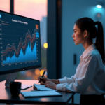 "A young woman intensely focuses on a data visualization graph displaying customer sentiment analysis, taking notes with a pen and paper."