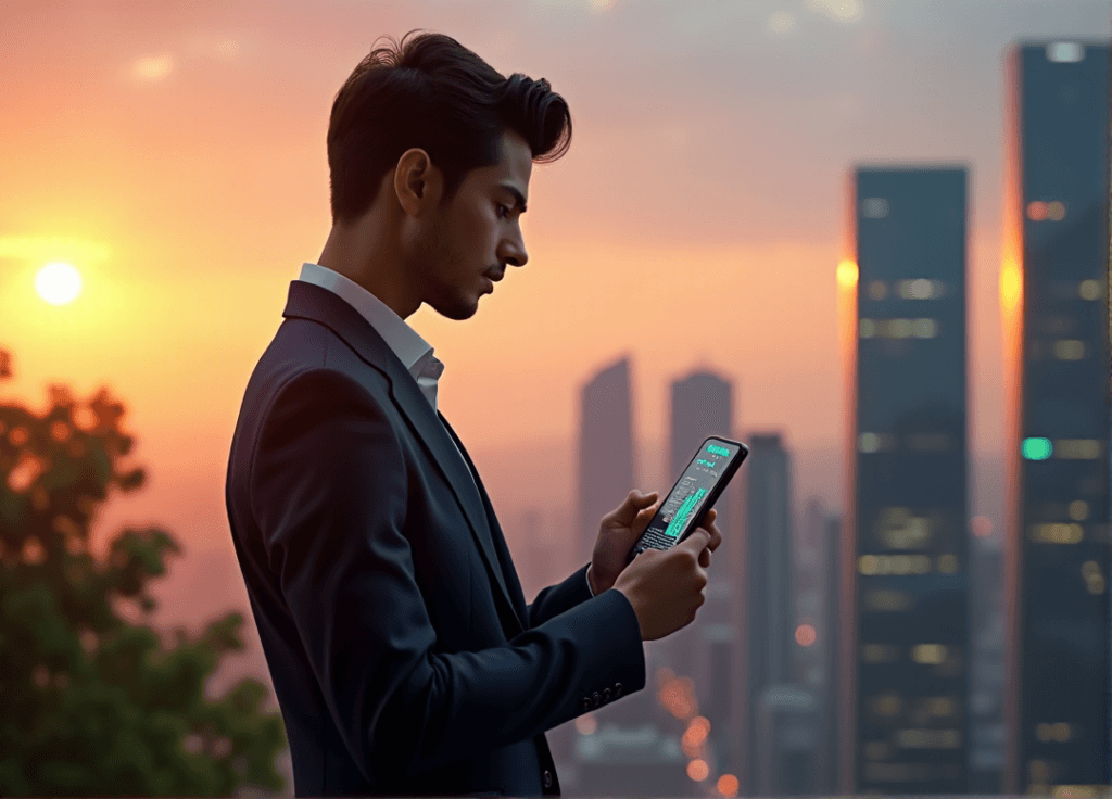 "A young professional stands confidently in front of a cityscape at sunset, intently viewing AI automation trends on their futuristic smartphone."