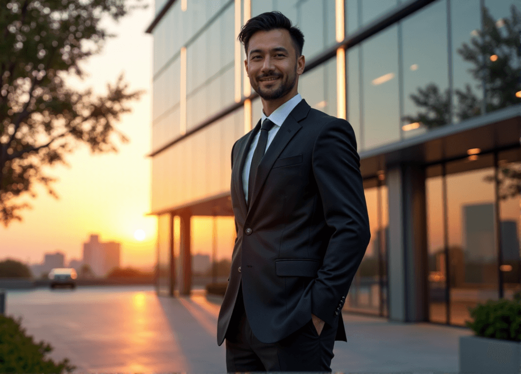 "A confident business consultant stands in front of a sleek corporate building at sunset, exuding authority with AI automation skills evident in their calm determination."