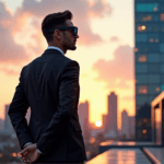 "A confident business executive stands in front of a high-rise corporate building at dusk, wearing sleek glasses displaying data analytics and AI insights."