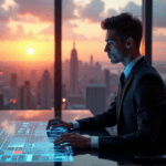 "A young business professional sits confidently at a modern desk, gazing at an AI-powered trend prediction model on a high-resolution touchscreen display."