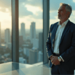"A middle-aged business leader stands confidently in front of a modern glass wall, gazing out at an expansive cityscape with determination and curiosity, highlighting AI Automation Skills."