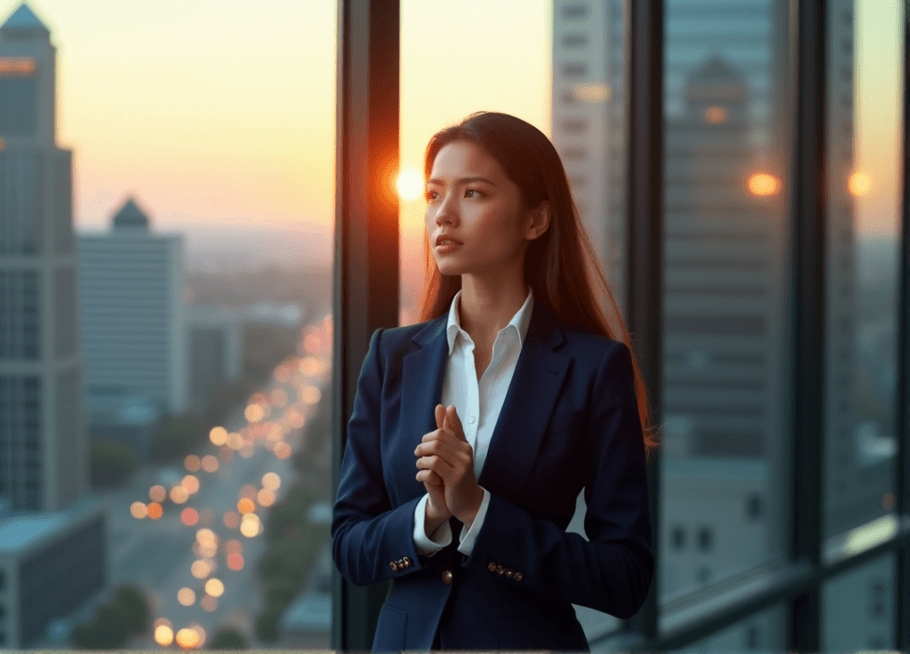 "A young businesswoman stands confidently in front of a cityscape at dusk, embodying proactive growth through AI-driven insights and AI automation skills."