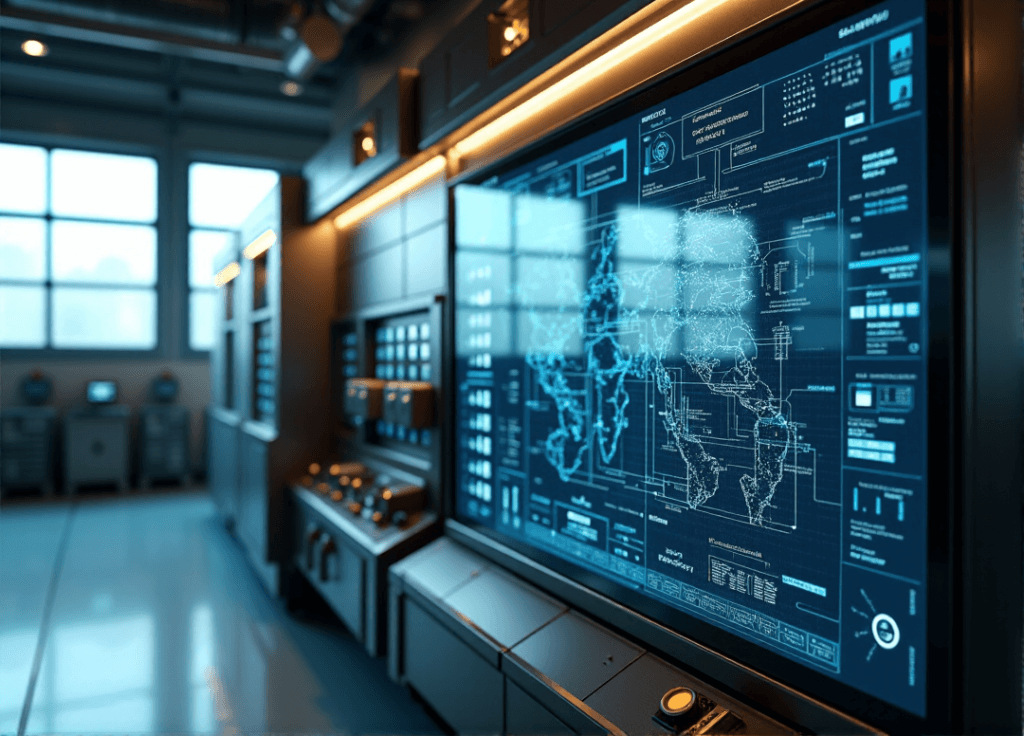 "Industrial control room with AI-driven automation software on a high-resolution touchscreen display, showcasing optimized workflows and processes."