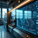 "Industrial control room with AI-driven automation software on a high-resolution touchscreen display, showcasing optimized workflows and processes."
